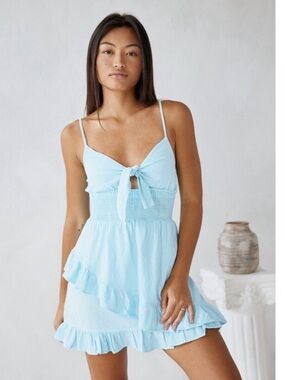 BLANCO by Nature large Sky Blue Tie Front Mini Gauze Cotton Smocked Ruffle dress